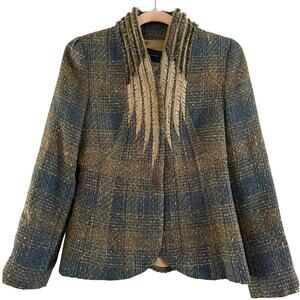 ELIE TAHARI Tweed Wool-Silk Pleated Plaid Blazer Jacket Preppy Dark Academia